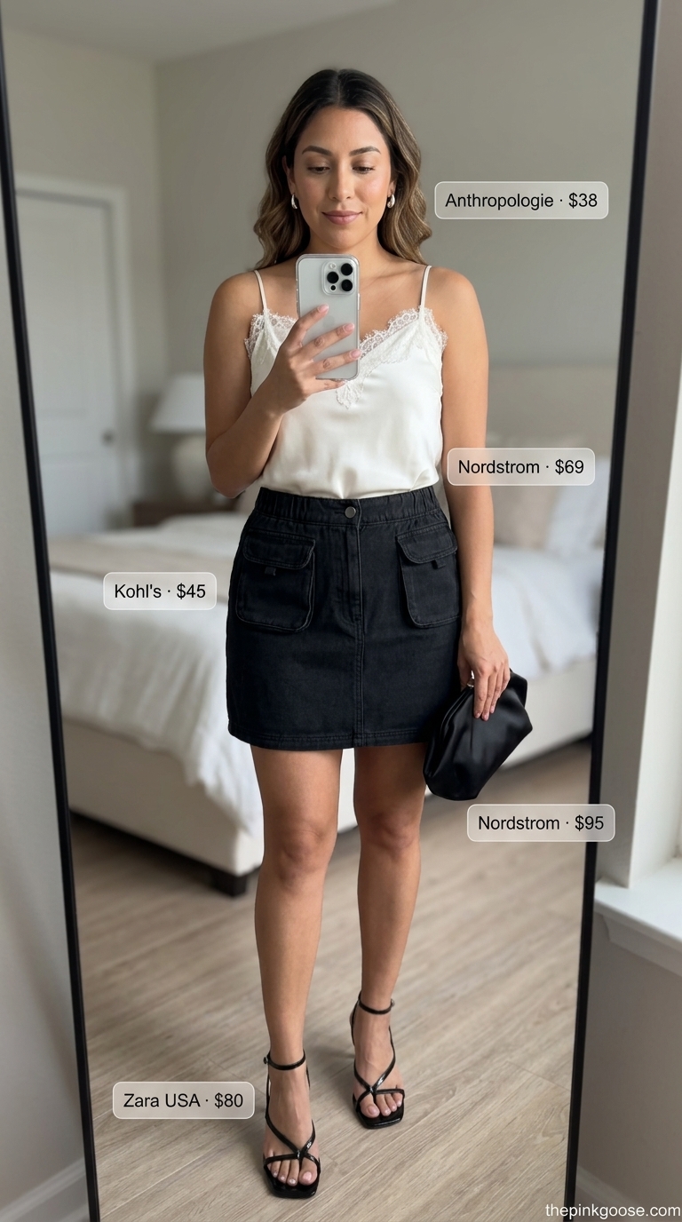 Elevated summer denim skirt 2026 outfit with lace camisole, strappy heels, and clutch.