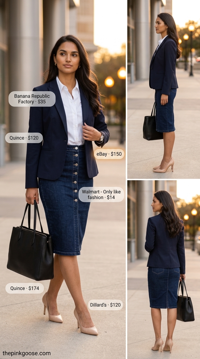 Modern Office denim skirt outfit 2026: White shirt, dark denim skirt, navy blazer, pumps.