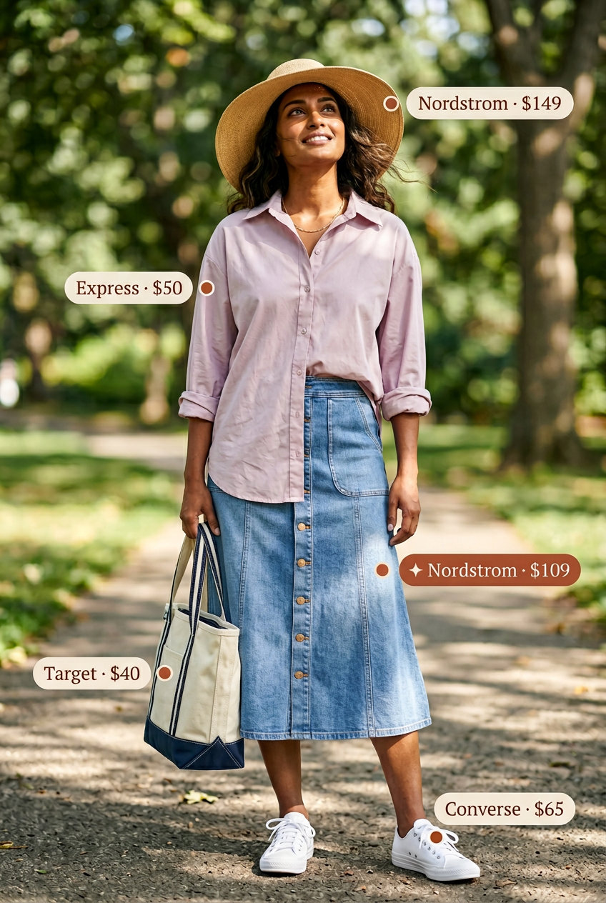 Picnic in the Park denim skirt outfit 2026: Pink oversized shirt, denim skirt, white sneakers, straw hat.
