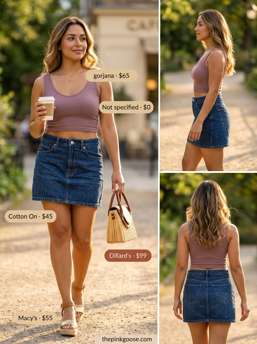 Playful Picnic denim skirt outfit 2026: Cream puff sleeve blouse, denim skirt, wicker bag, espadrilles.