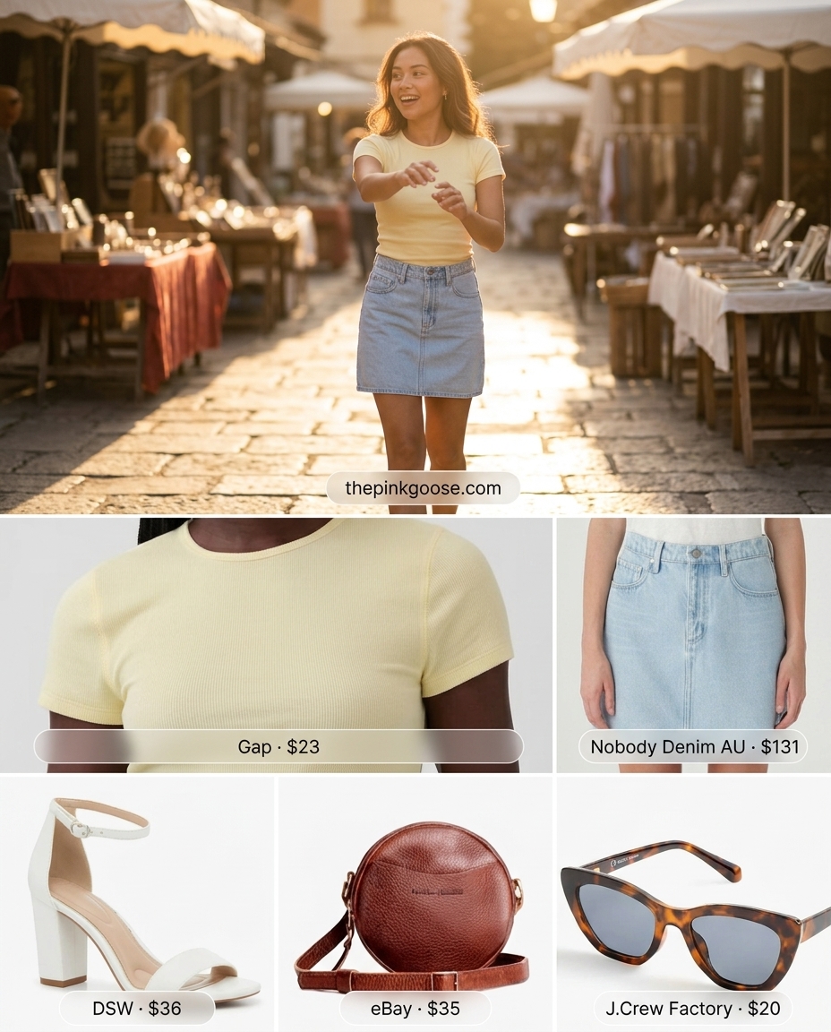 Retro summer denim skirt 2026 outfit with pastel yellow top, cat-eye sunglasses, and block heels.
