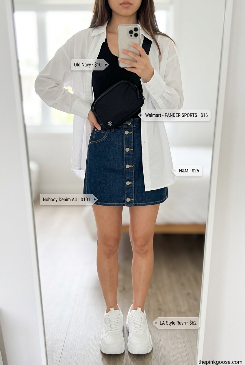 Urban Explorer denim skirt outfit 2026: White shirt, denim skirt, black tank, belt bag, sneakers.