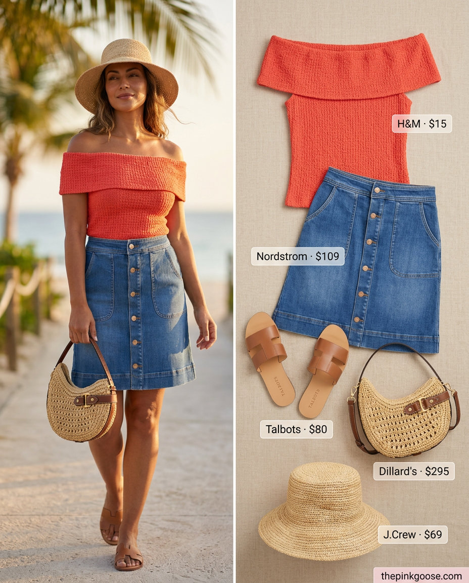 Vacation summer denim skirt 2026 outfit with off-shoulder top, straw hat, and slide sandals.
