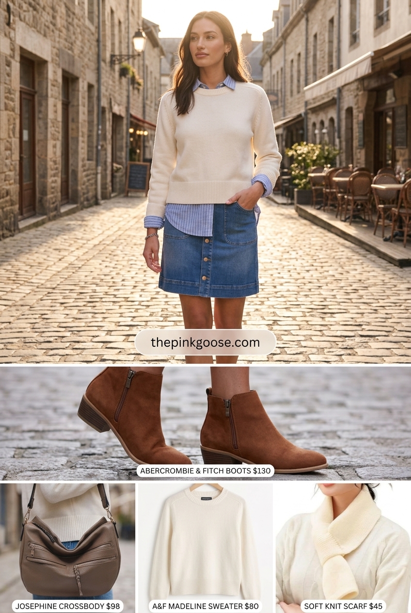 Weekend Getaway denim skirt outfit 2026: Cream knit sweater, denim skirt, brown crossbody, ankle boots.
