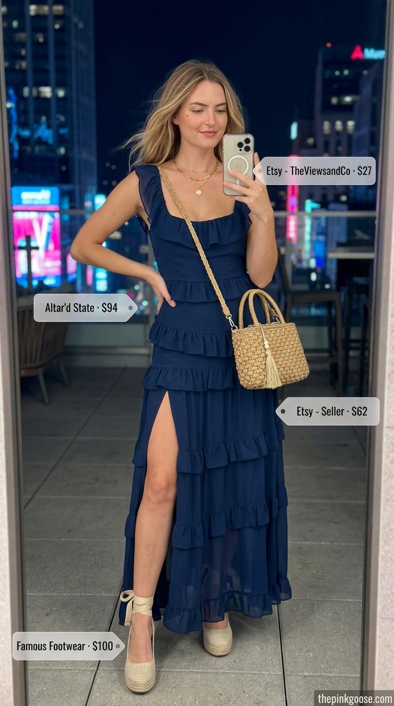Summer Bar Outfits 2026: Boho Maxi Dress Navy blue maxi dress for summer going out to a bar 2026. Boho glam with straw accessories.