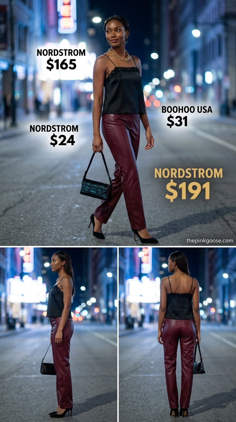 Burgundy Pants: Summer Bar Outfits 2026 Burgundy faux leather pants with lace cami for summer going out to a bar outfits for women 2026.