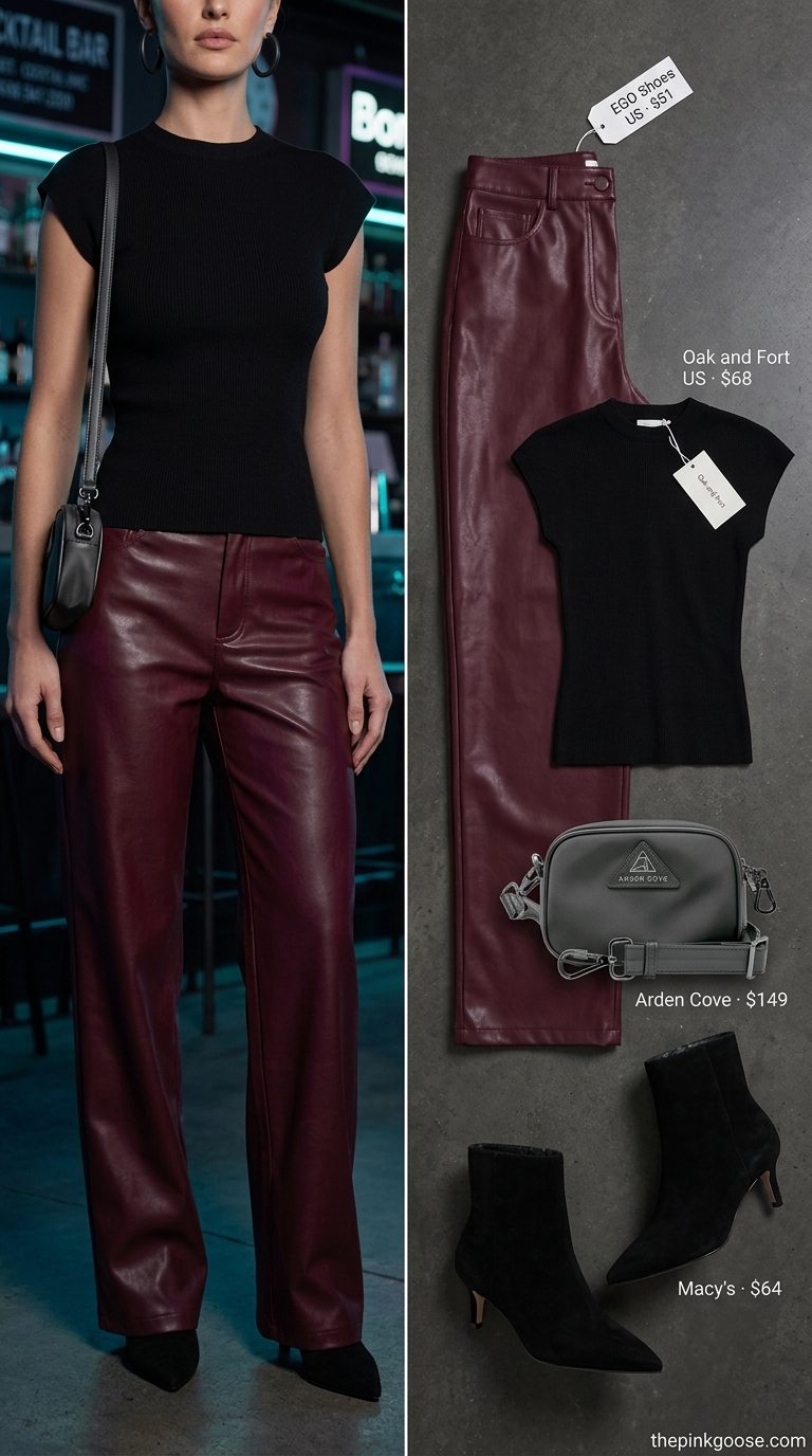 Summer Bar Outfits 2026: Burgundy Leather Pants Burgundy faux leather pants outfit for summer going out to a bar 2026. Edgy mock neck top.