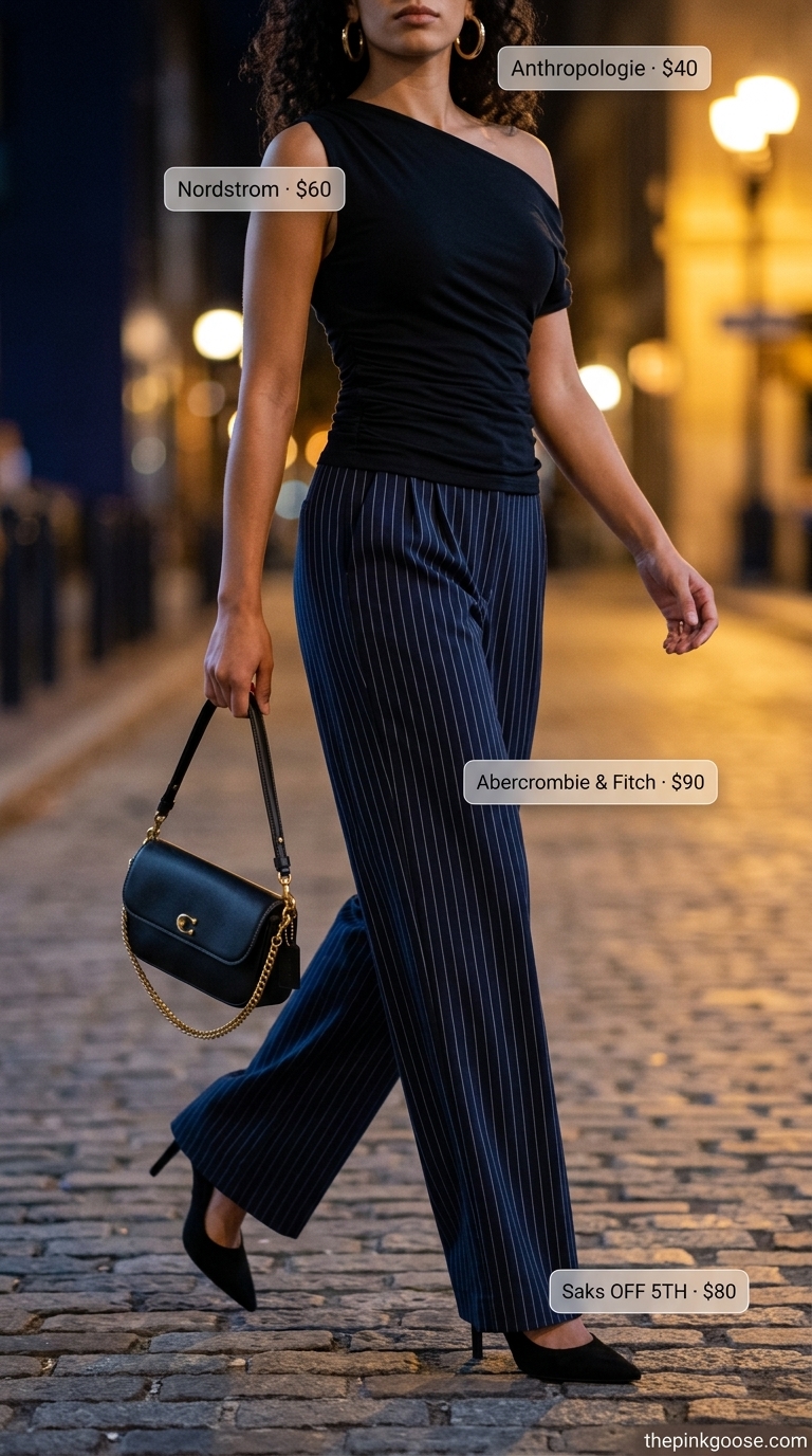 Cobalt Pants: Summer Bar Outfits 2026 Cobalt blue wide-leg pants with one-shoulder top for summer going out to a bar outfits for women 2026.