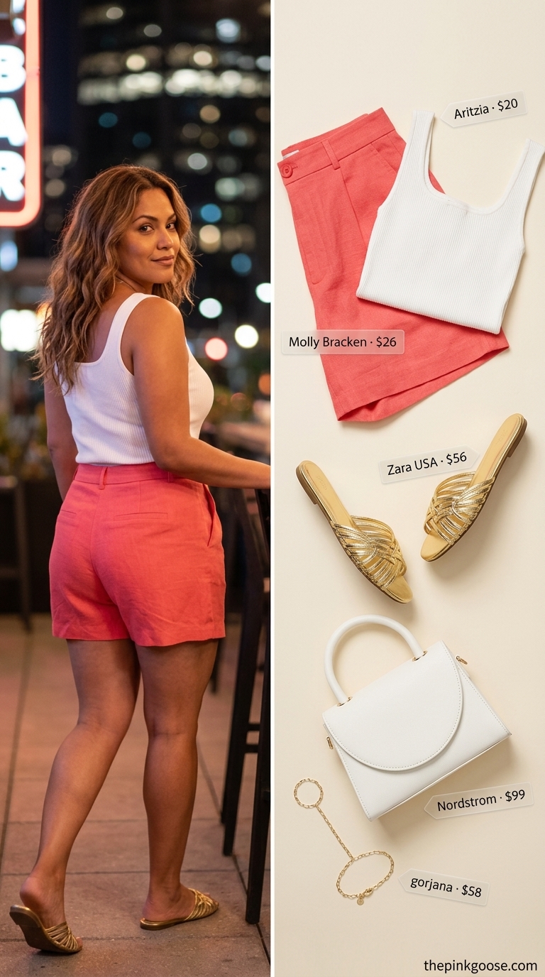 Coral Shorts for Summer Bar Outfits 2026 Coral linen shorts with white top for summer going out to a bar outfits for women 2026.