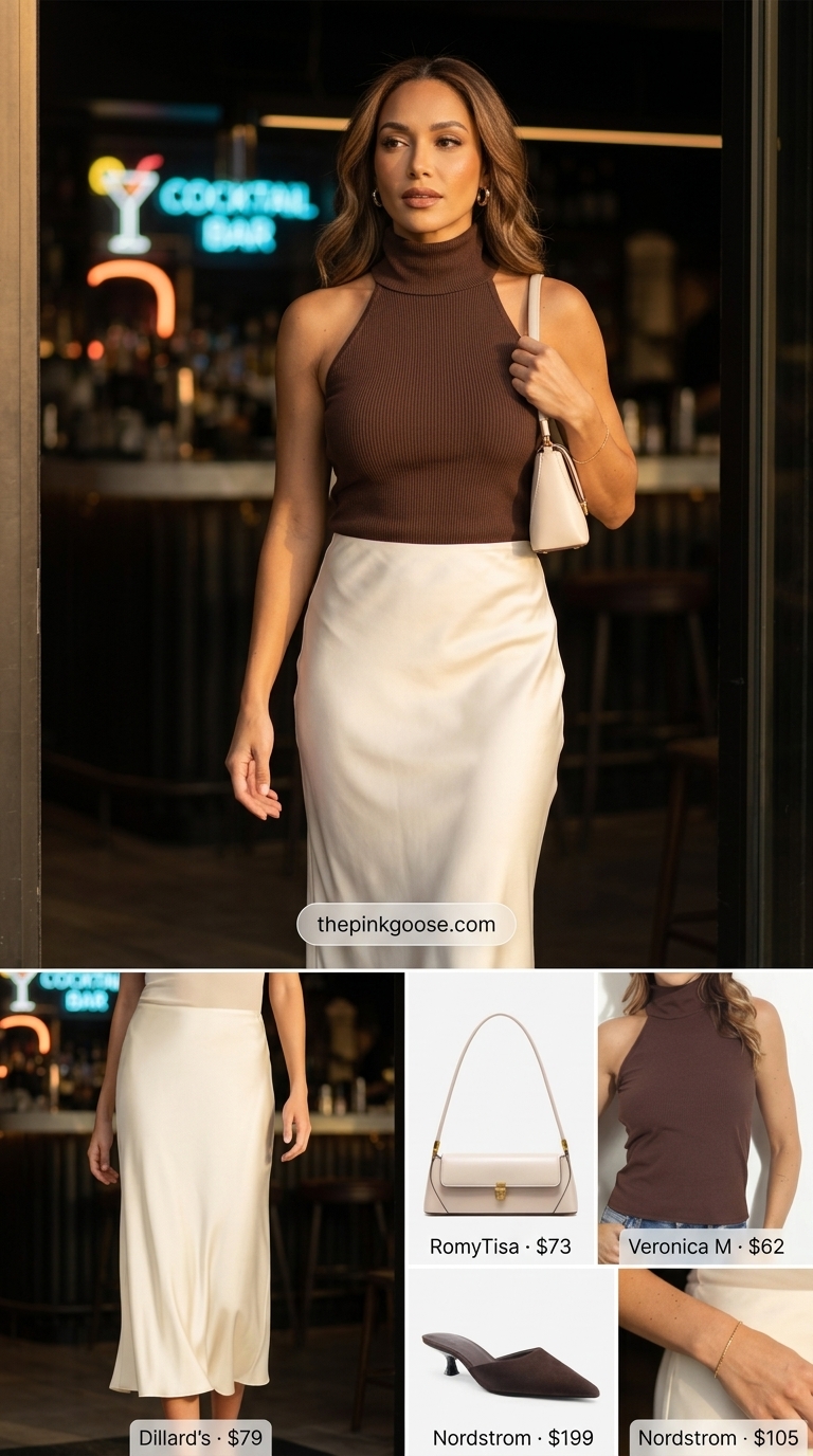 Summer Bar Outfits 2026: Cream Skirt Style Cream midi skirt outfit for summer going out to a bar 2026. Minimalist style with brown knit top & mules.