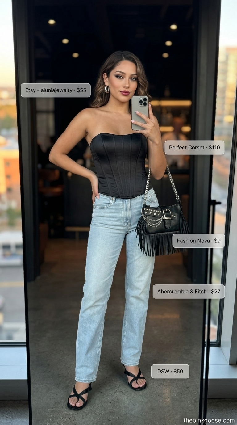 Denim Jeans for Summer Bar Outfits 2026 Light wash denim jeans with black corset top for summer going out to a bar outfits for women 2026.