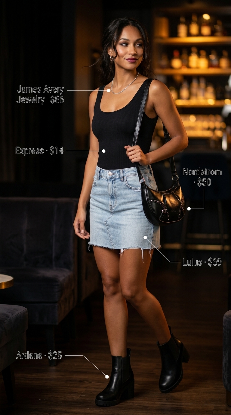 Denim Skirt for Summer Bar Outfits 2026 Denim mini skirt with black bodysuit and boots for summer going out to a bar outfits for women 2026.