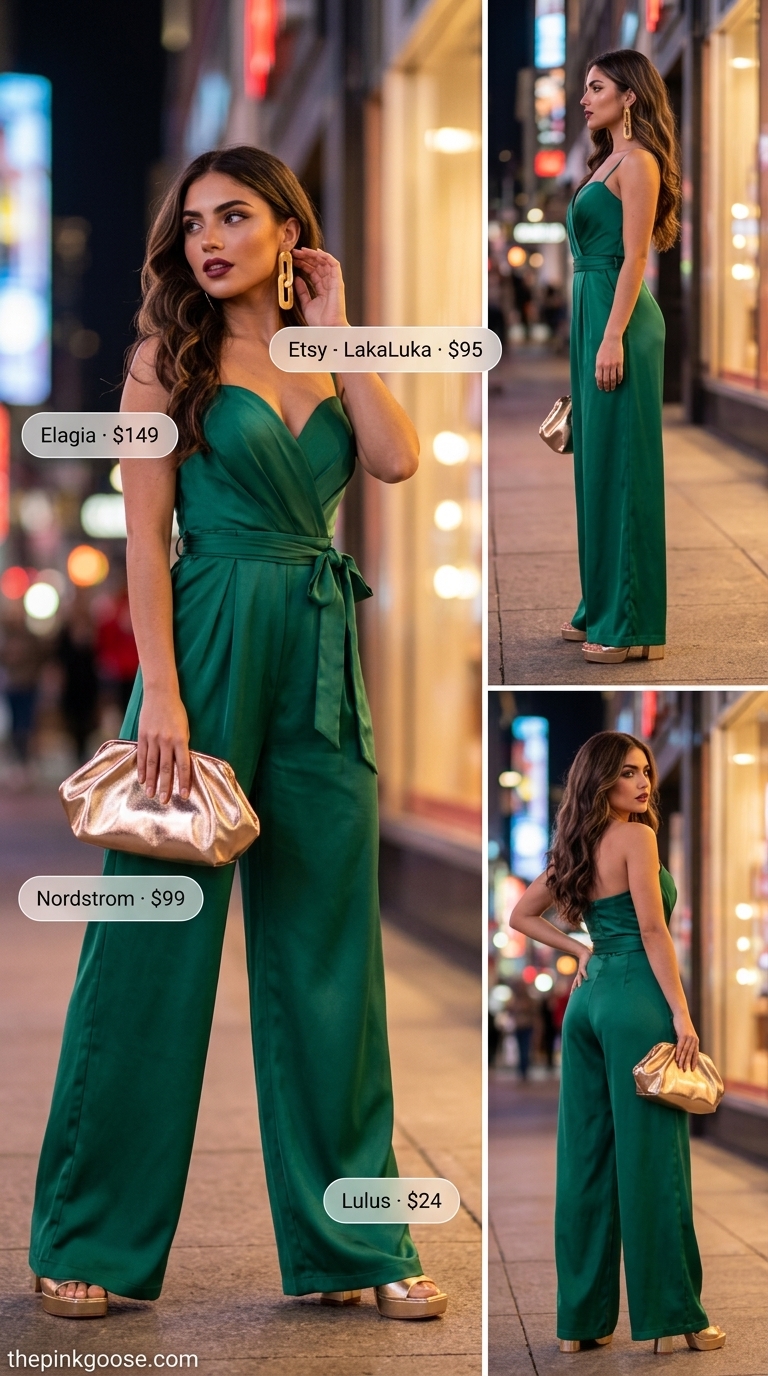 Summer Bar Outfits 2026: Emerald Jumpsuit Glam Emerald green jumpsuit for summer going out to a bar 2026. Glamorous gold accessories.