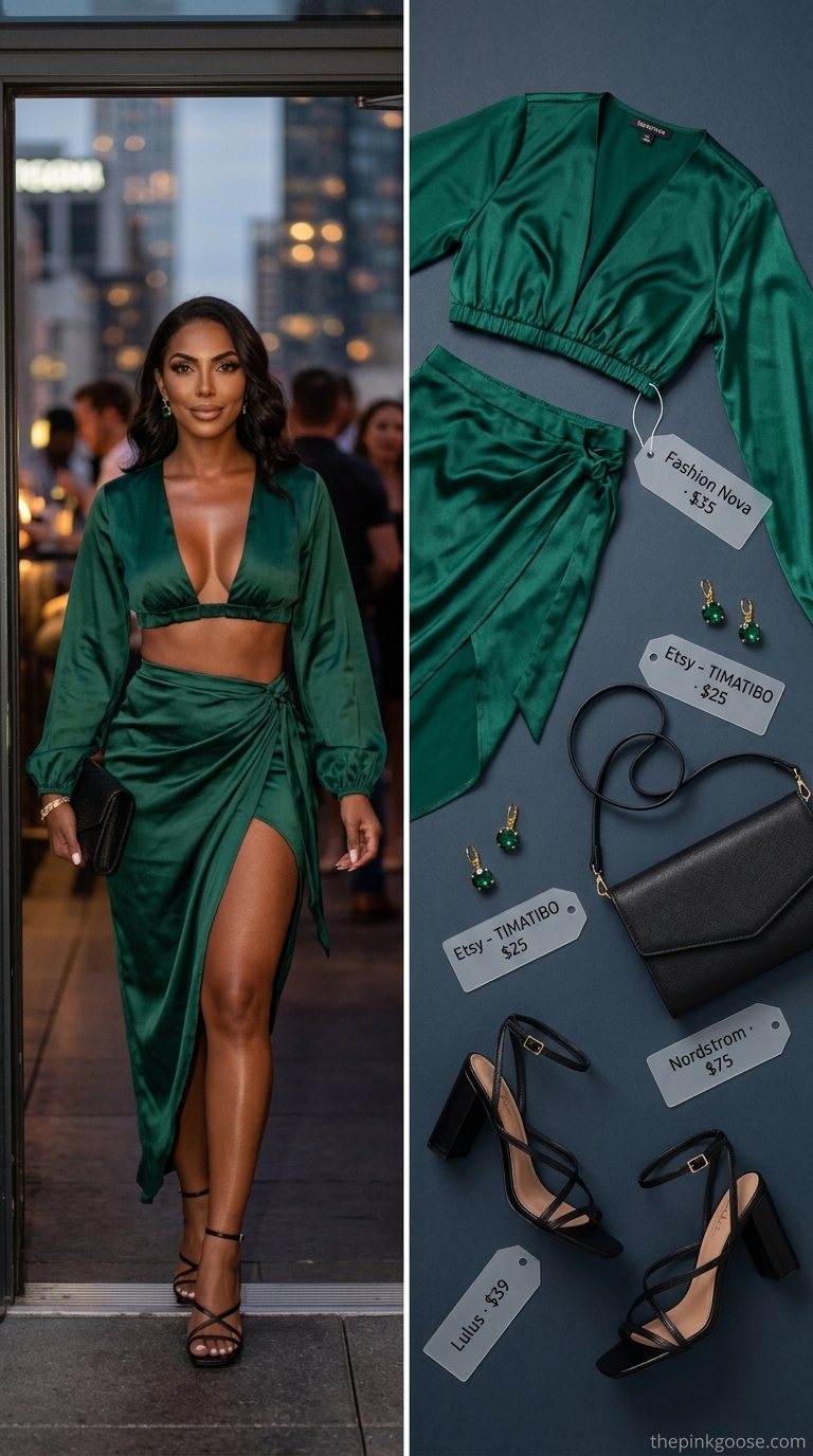 Summer Bar Outfits 2026: Emerald Glam Set Emerald green satin matching set for summer going out to a bar outfits for women 2026. Glamorous.