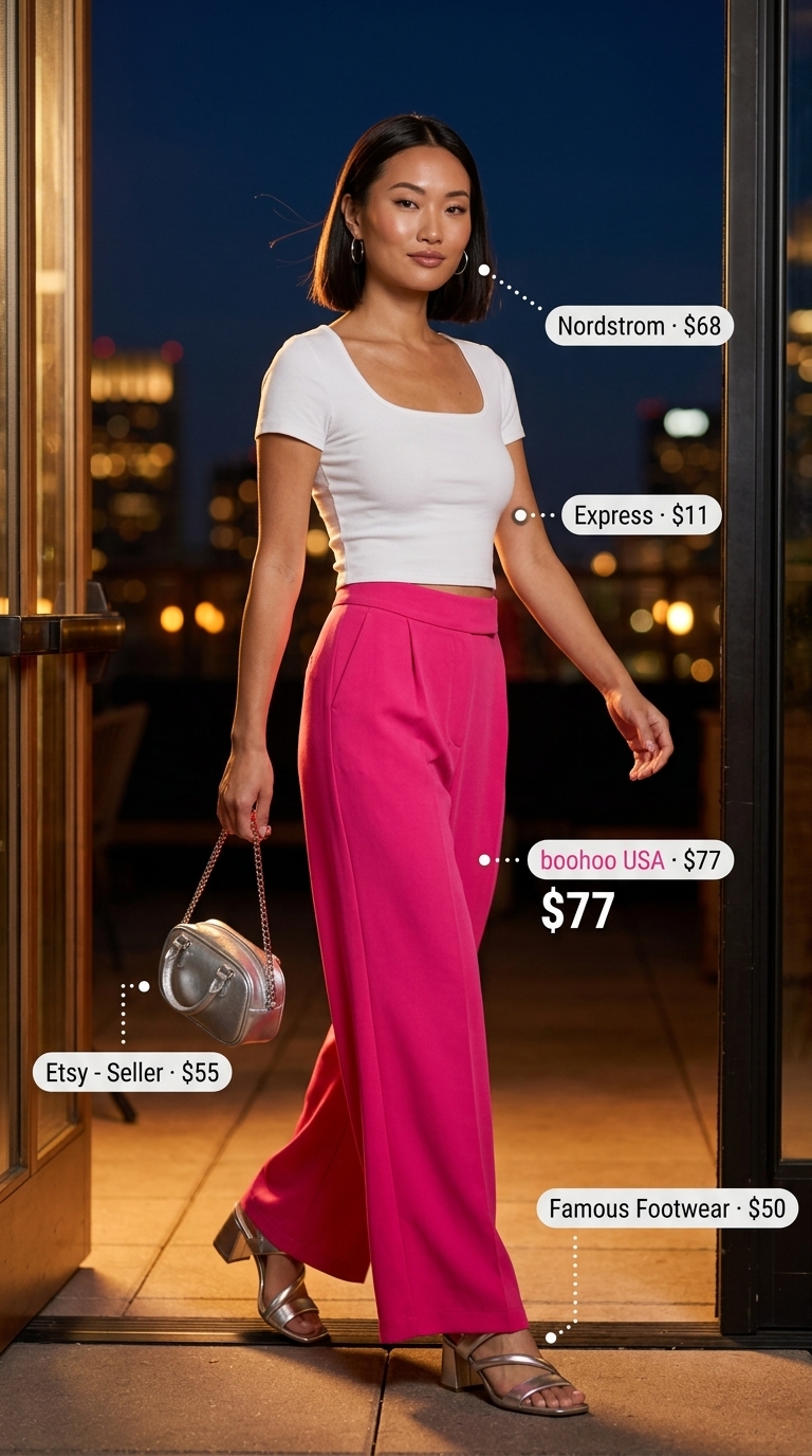 Hot Pink Trousers for Summer Bar Outfits 2026 Hot pink wide-leg trousers with white crop top for summer going out to a bar outfits for women 2026.
