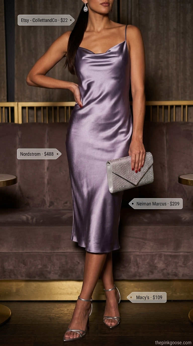 Lavender Slip Dress for Summer Going Out Outfits 2026 Lavender satin slip dress with silver heels for summer going out to a bar outfits for women 2026.