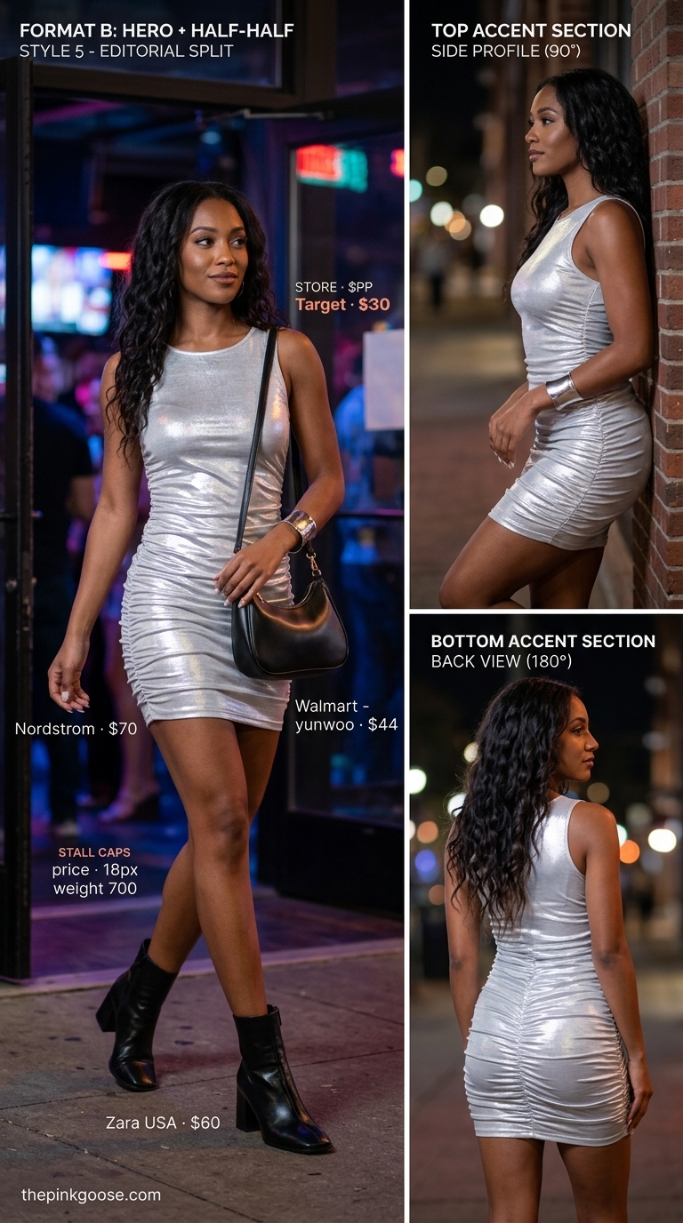Metallic silver mini dress for summer going out to a bar outfits for women 2026.