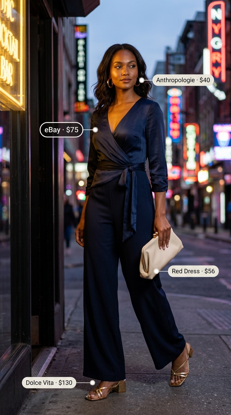 Navy Jumpsuit for Summer Bar Outfits 2026 Navy wide-leg jumpsuit with gold heels for summer going out to a bar outfits for women 2026.