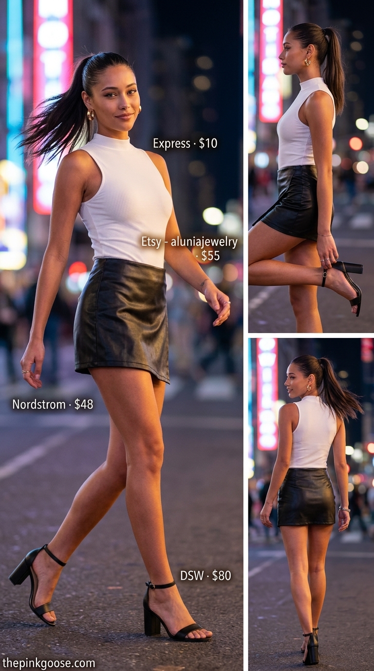Summer Bar Outfits 2026: Neon Mini Skirt Black faux leather mini skirt outfit for summer going out to a bar 2026. Neon green bag accent.