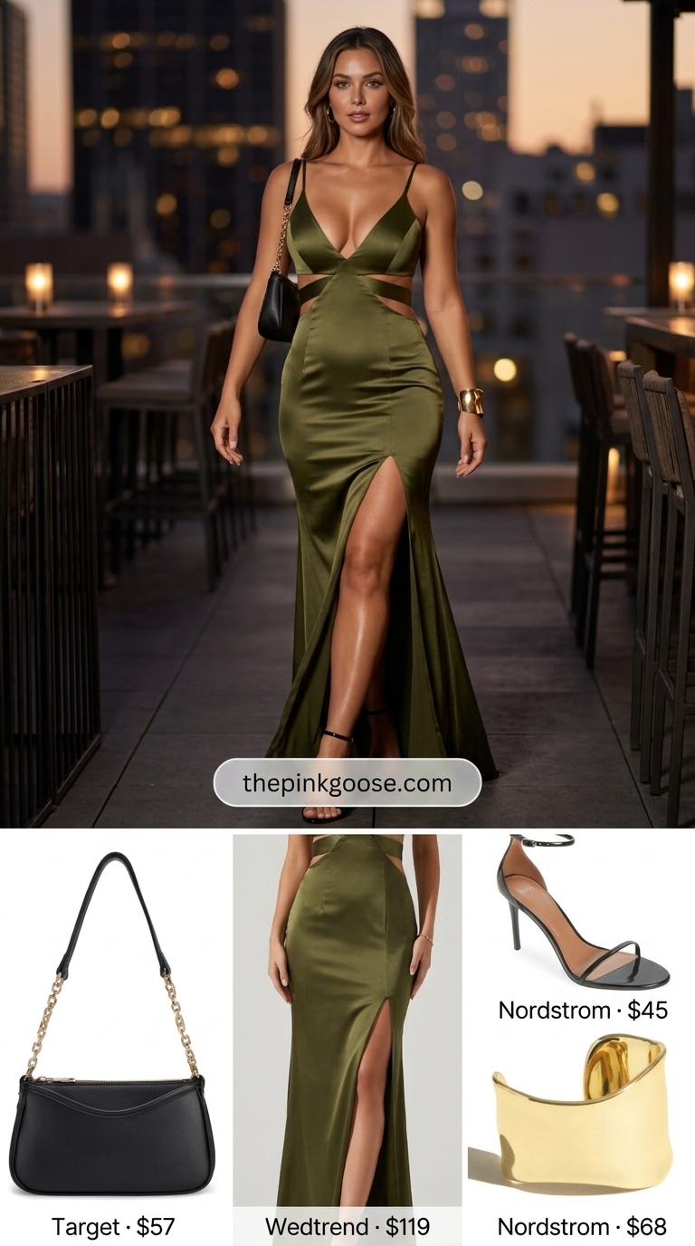 Summer Bar Outfits 2026: Olive Cut-Out Dress Olive green maxi dress for summer going out to a bar 2026. Sophisticated cut-outs & gold.