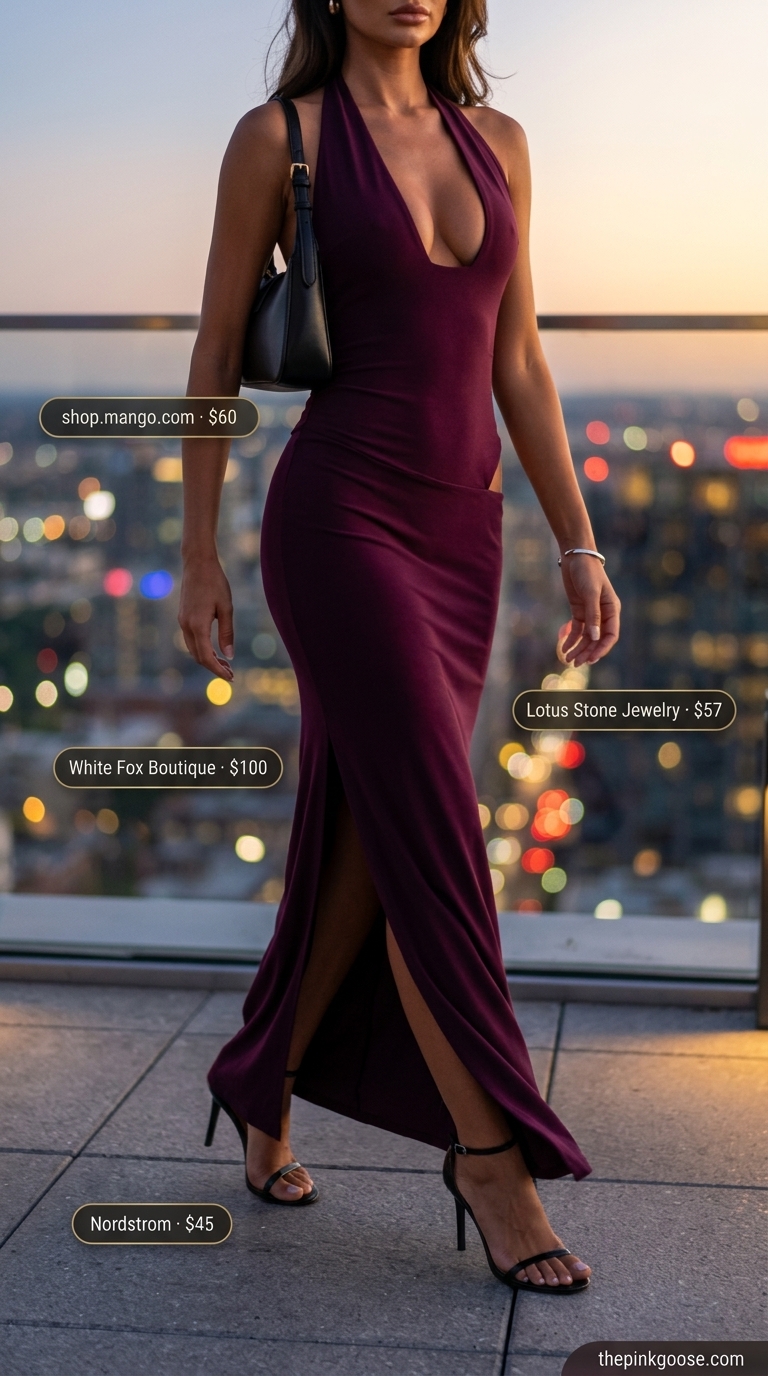 Plum Maxi Dress: Summer Bar Outfits 2026 Plum maxi dress with silver jewelry for summer going out to a bar outfits for women 2026.