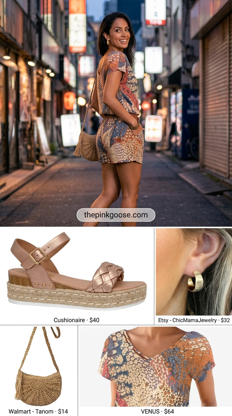 Printed Romper: Summer Bar Outfits 2026 Terracotta and cream print romper for summer going out to a bar outfits for women 2026.