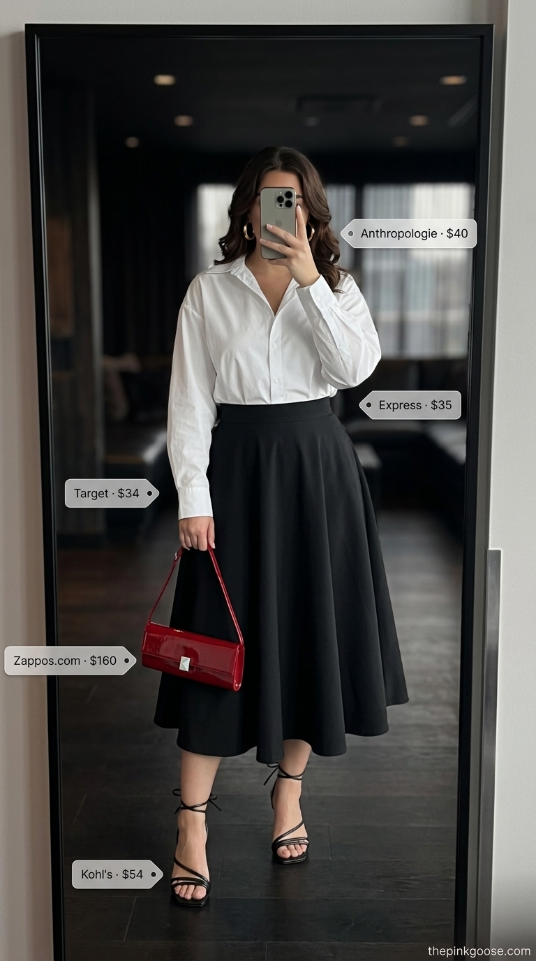 Summer Bar Outfits 2026: Retro Chic Skirt Black A-line skirt outfit for summer going out to a bar 2026. White shirt & red bag accent.