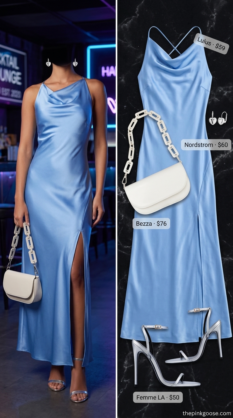 Sky Blue Slip Dress for Summer Bar Outfits 2026 Sky blue satin slip dress with silver sandals for summer going out to a bar outfits for women 2026.