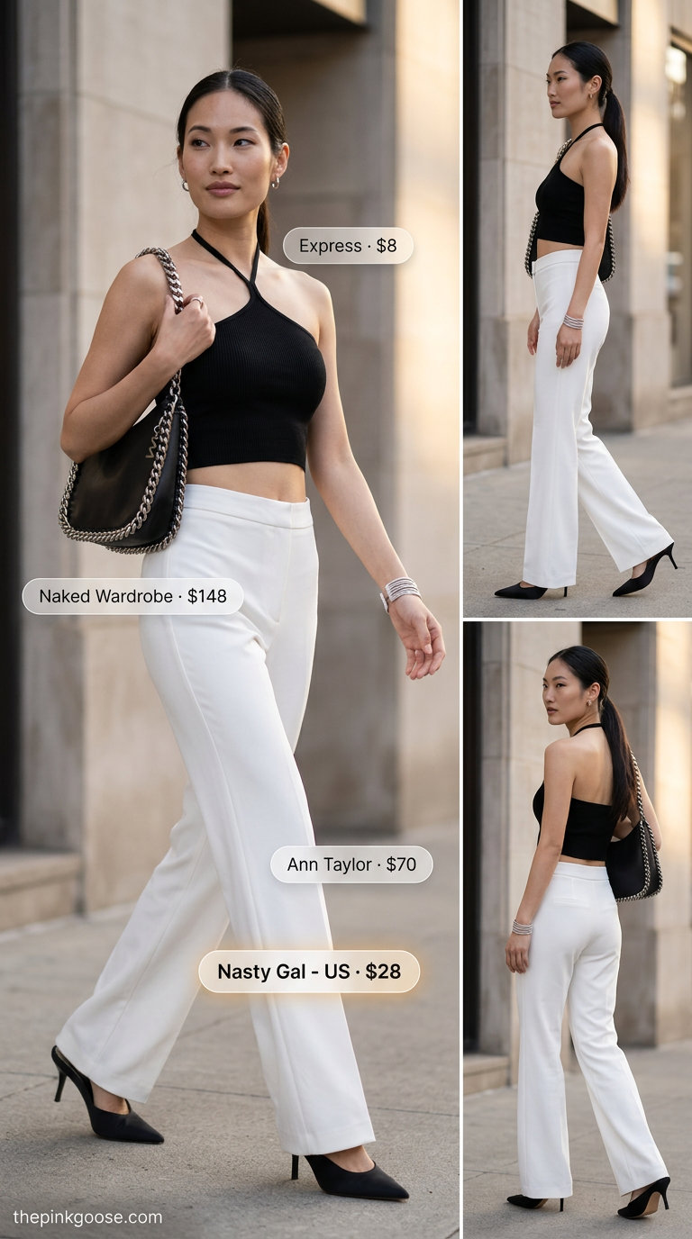 Modern black fitted halter neck crop top with wide-leg trousers for women 2026, perfect for city nights.