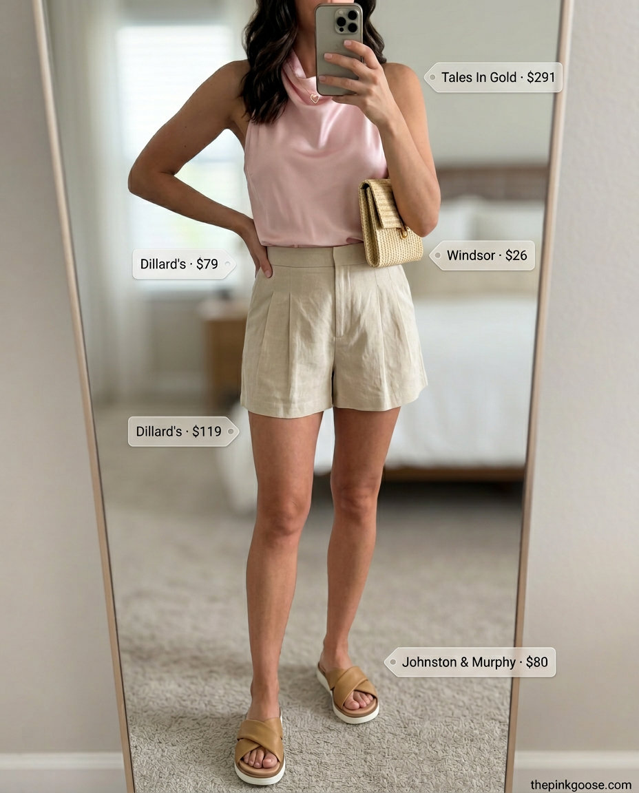 Chic blush pink halter neck camisole with linen shorts for women 2026, ideal for summer outings.