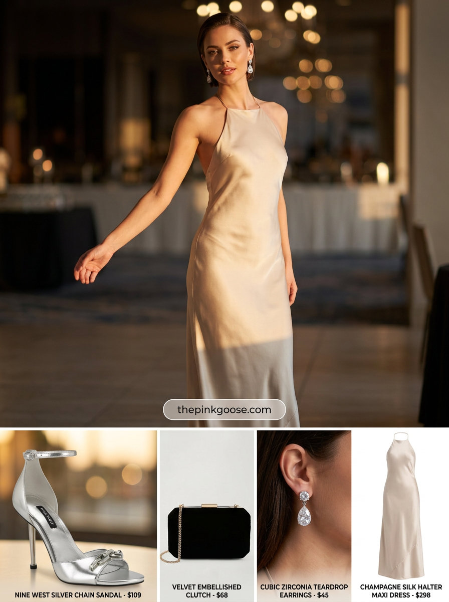 Glamorous champagne silk halter slip dress for formal summer events 2026.