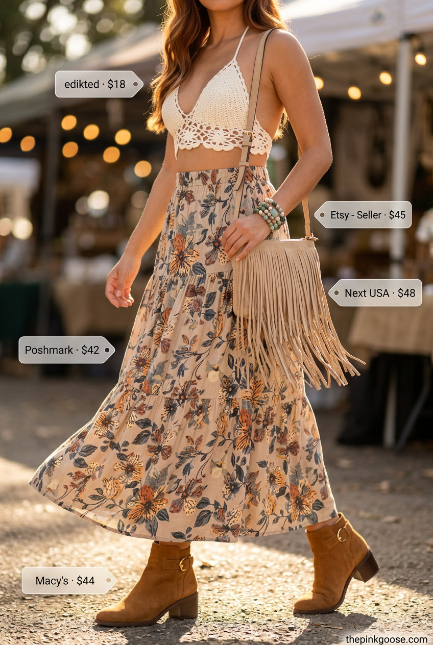 Boho cream crochet halter neck crop top with tiered maxi skirt for women 2026, ideal for festivals.