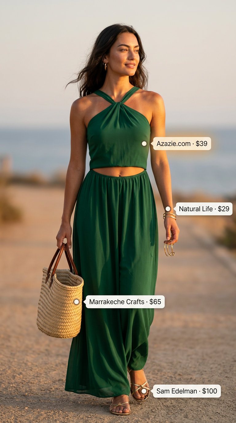 Emerald green halter neck maxi dress with straw tote for coastal summer outfits 2026.