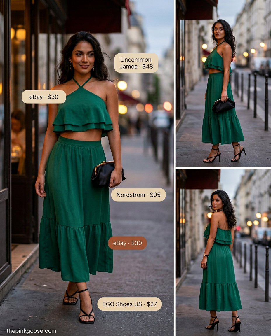 Emerald green halter neck crop top and midi skirt set with gold earrings for summer date night outfits 2026.