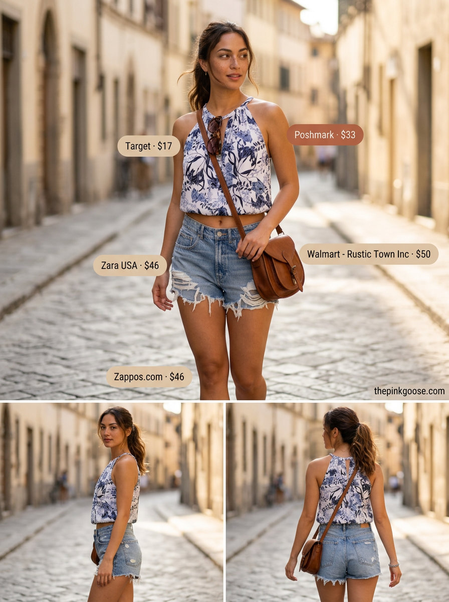 Retro multi-color floral halter top with denim shorts for casual summer days 2026.