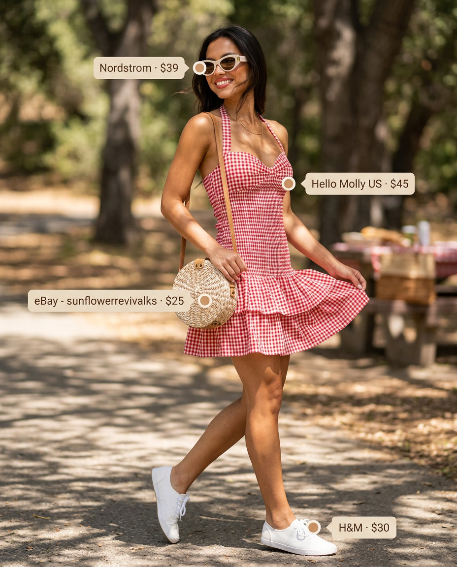 Playful red gingham halter neck mini dress for summer picnics 2026.