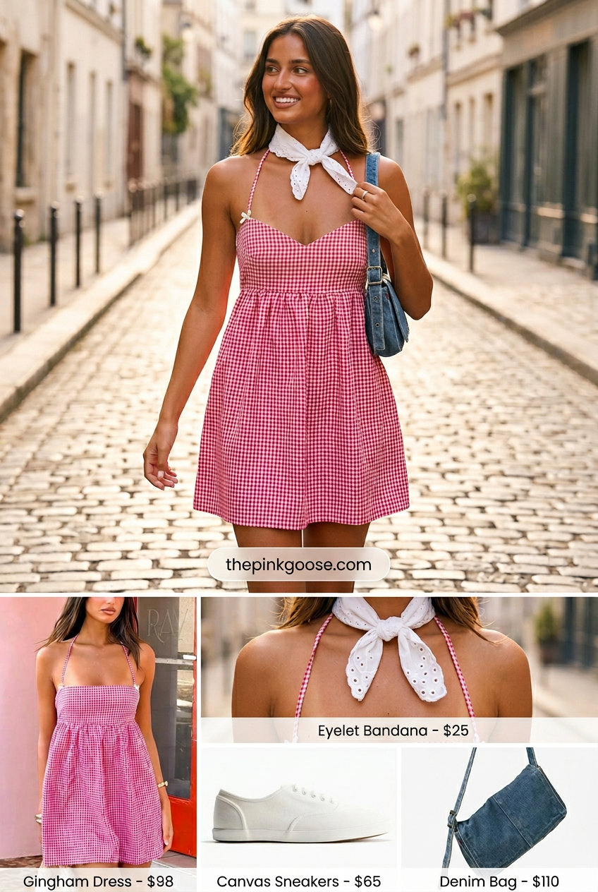 Red and white gingham halter mini dress with bandana for retro summer outfits 2026.