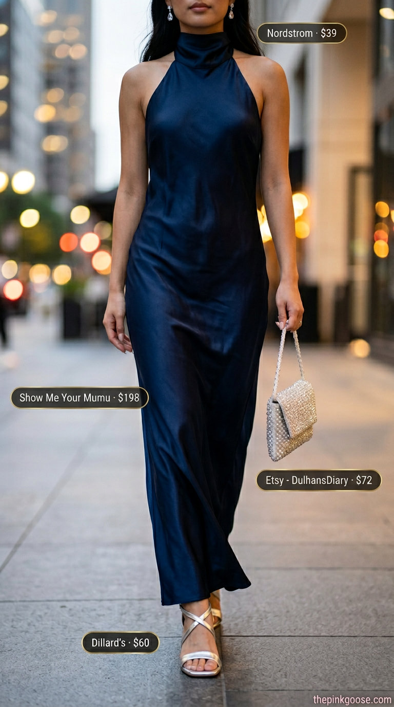 Elegant navy blue satin halter neck evening gown for formal summer events 2026.
