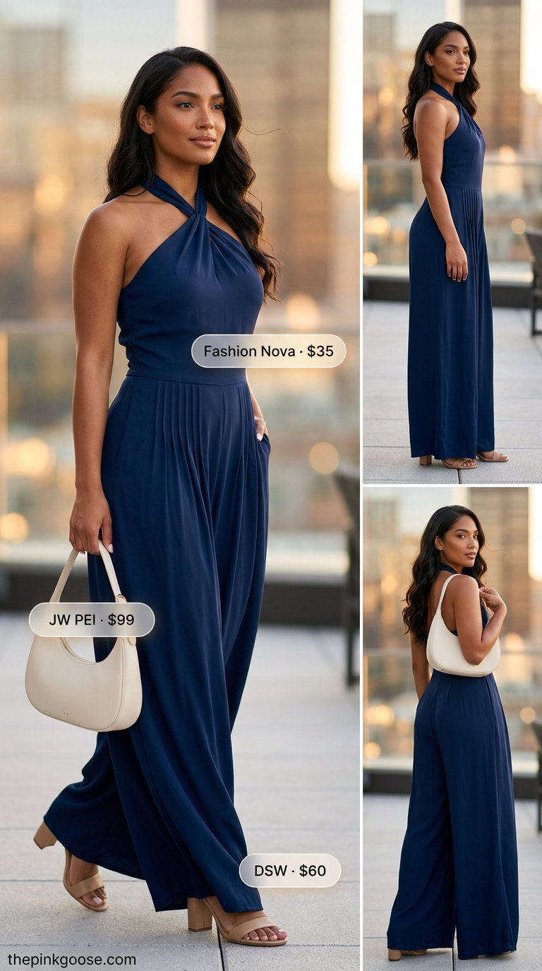 Elegant navy blue halter neck jumpsuit for women 2026, perfect for summer parties and date nights. Styled with gold earrings.