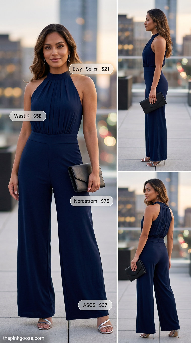 Navy blue halter neck wide-leg jumpsuit with silver sandals for formal summer events 2026.