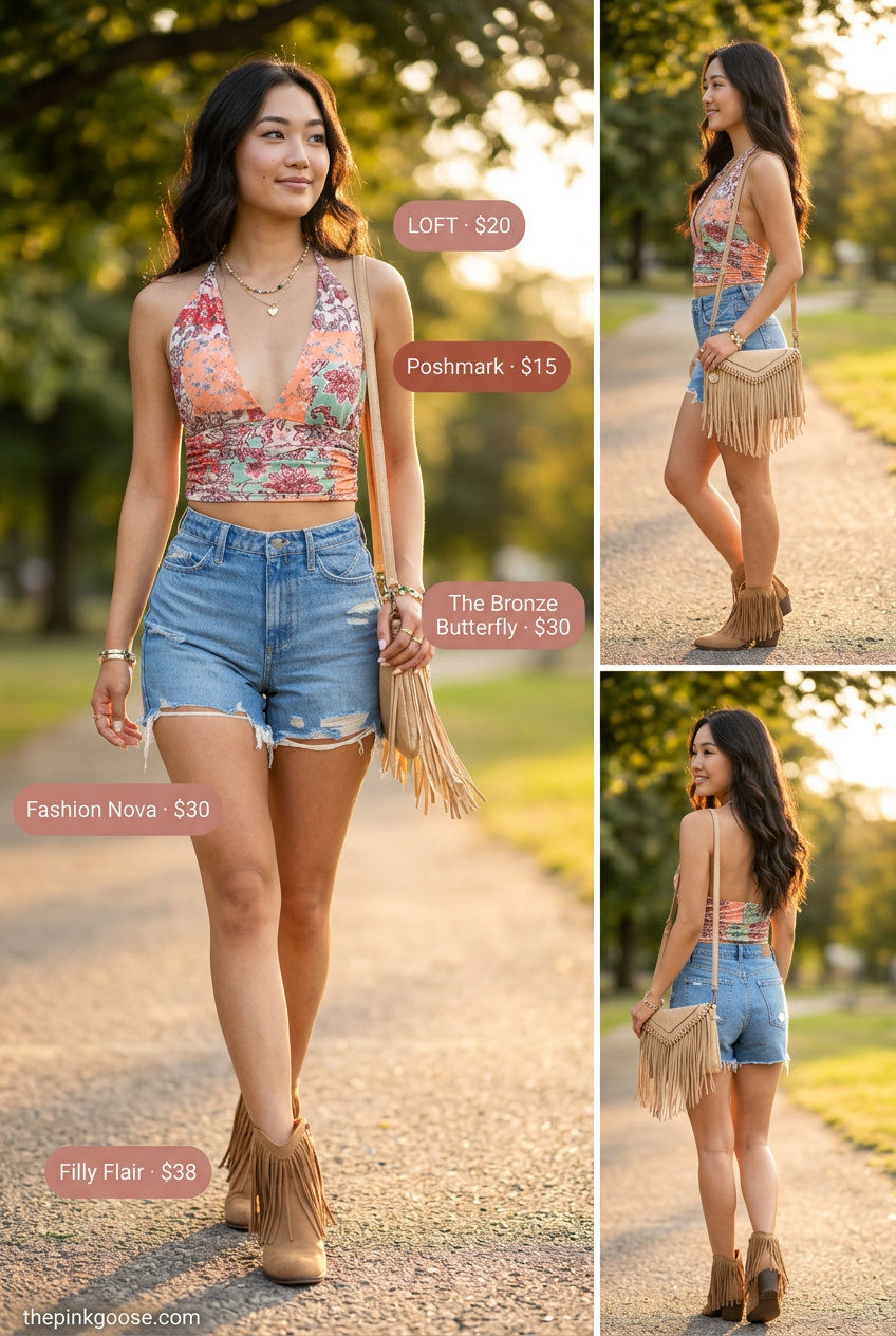Paisley print halter crop top with denim shorts for festival summer outfits 2026.