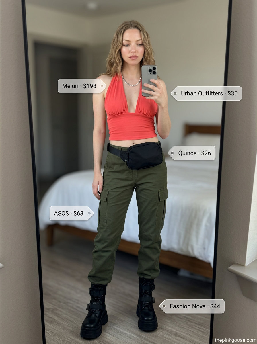Bold red halter neck crop top with khaki cargo pants for women 2026, perfect for city exploration.