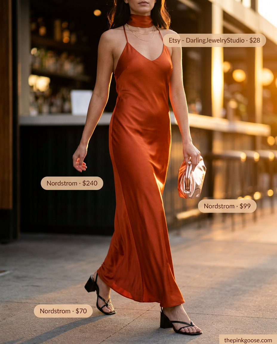 Sunset orange halter midi slip dress with gold accessories for summer evening outfits 2026.