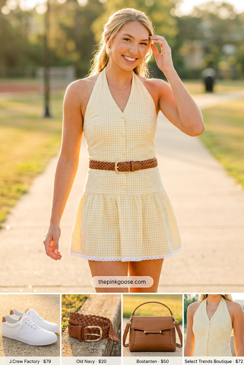 Sunny yellow gingham halter neck shirtdress with tan accessories for casual summer days 2026.