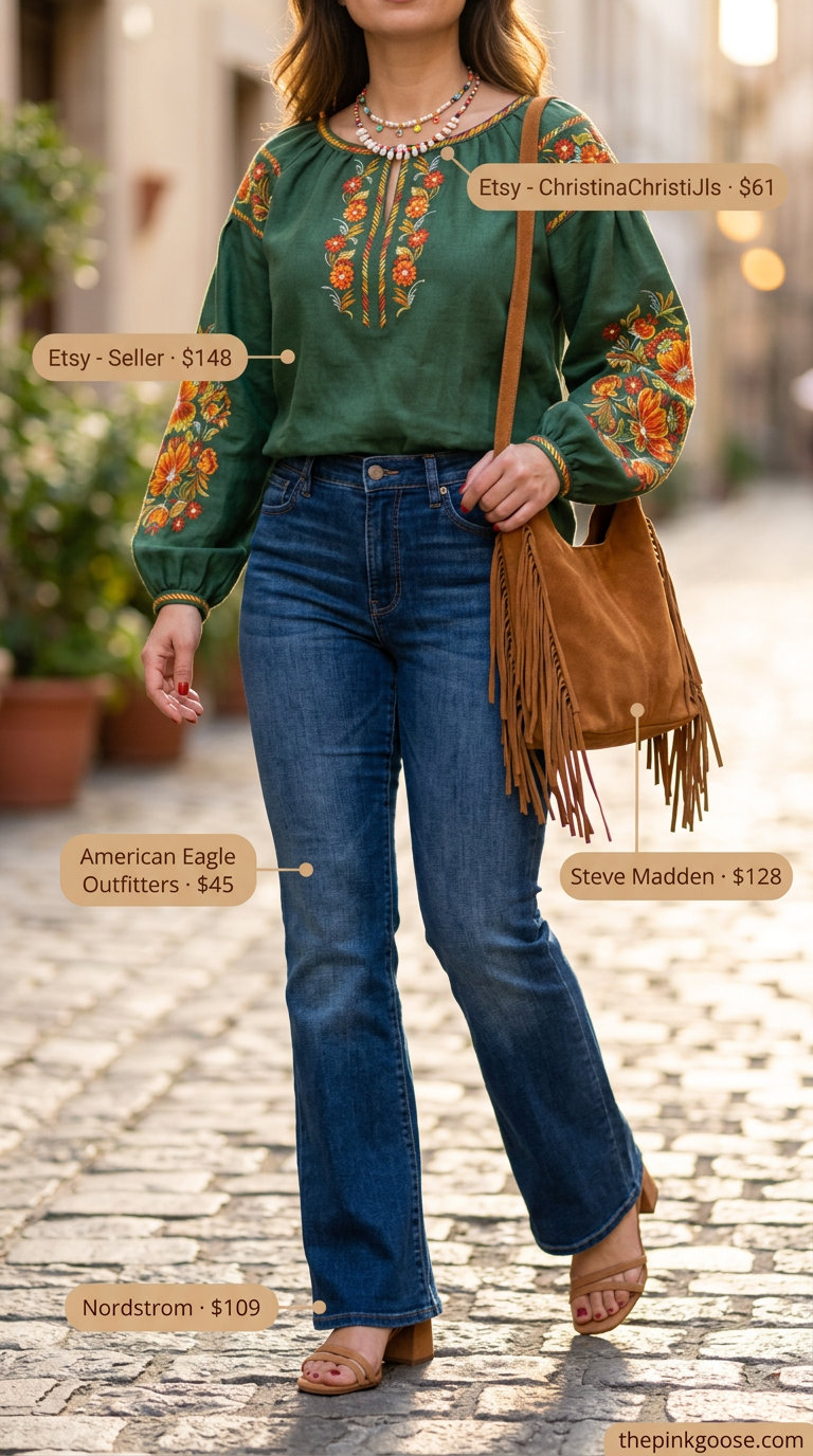 Bohemian emerald green linen peasant blouse with flared jeans for festivals.