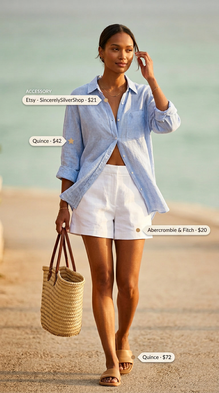 Sky blue linen blouse with white linen shorts for a relaxed beach day outfit. Summer linen blouses for women 2026.