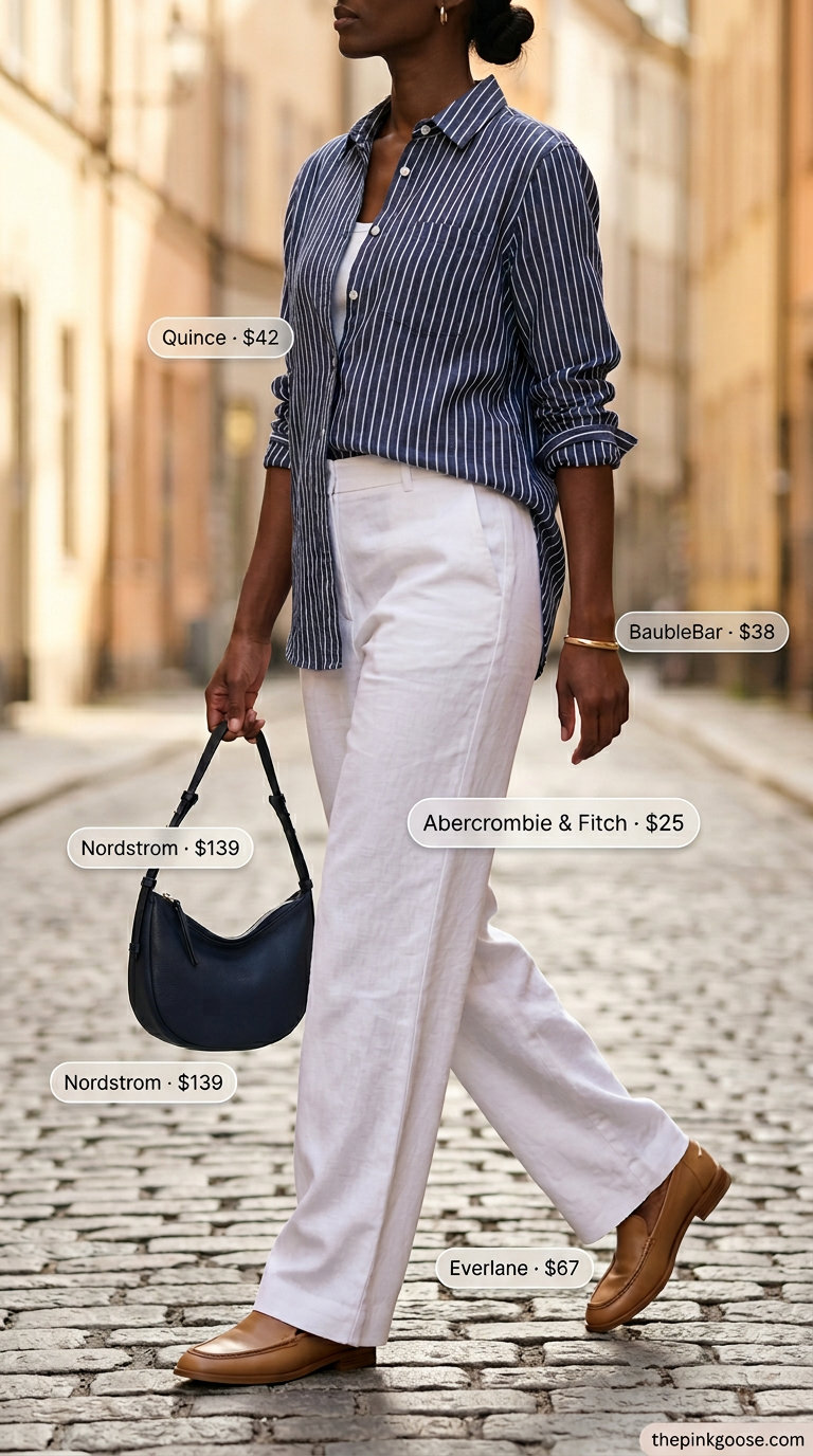 Classic navy and white striped linen blouse with tailored pants for smart casual.