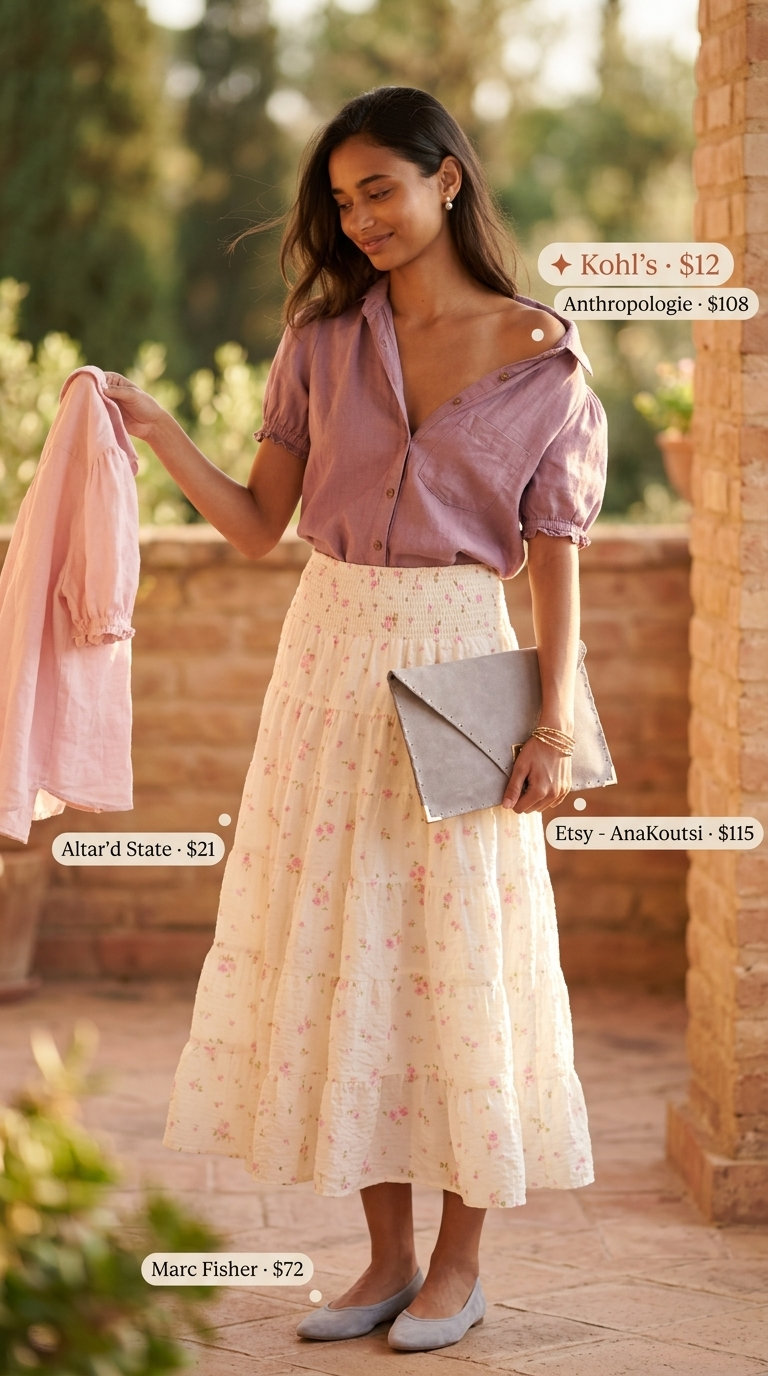 Feminine pastel pink linen blouse with a floral midi skirt for garden parties.