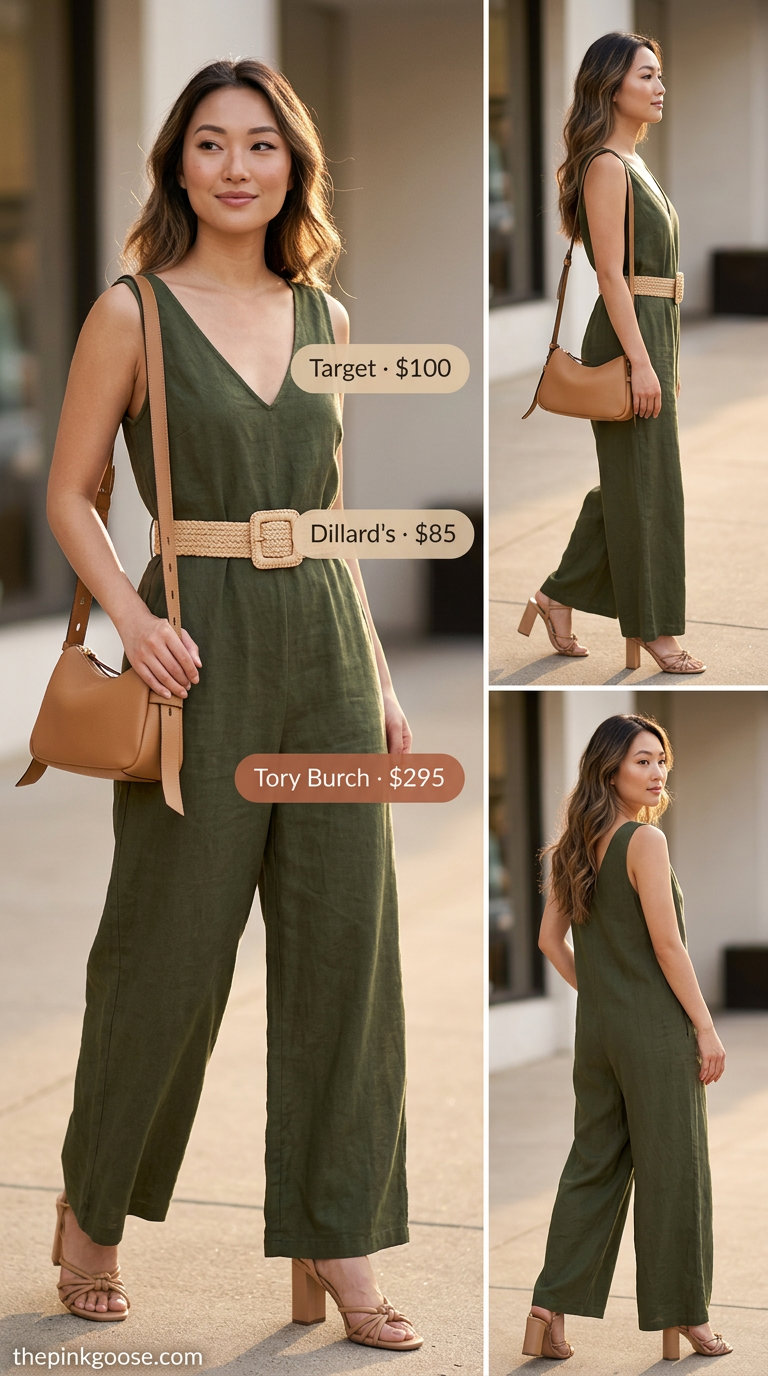 Olive green linen jumpsuit with tan sandals for a sophisticated summer party. Summer linen blouses for women 2026.