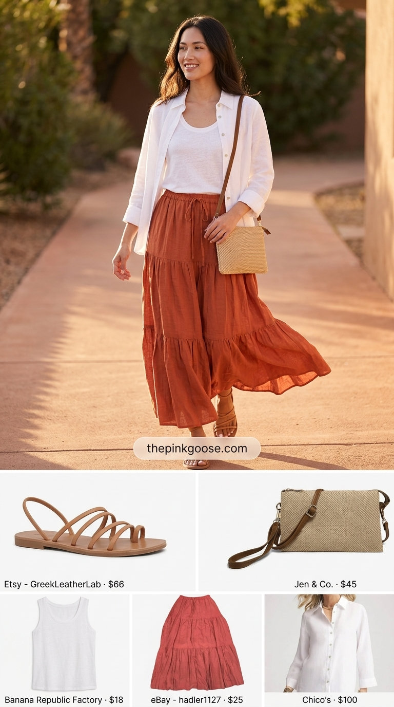 White linen tank top with a terracotta linen maxi skirt for a bohemian casual day. Summer linen blouses for women 2026.